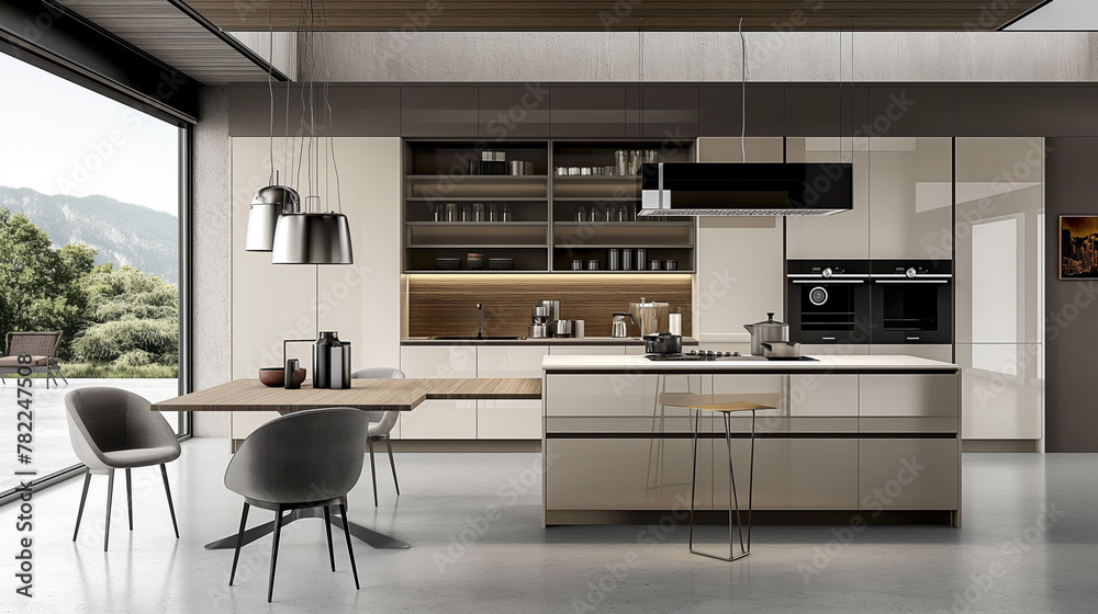 A modern kitchen is characterized by sleek lines, minimalist design, and a focus on functionality. Neutral color palettes like white, grey, and black create a clean and sophisticated look A modern kitchen is characterized by sleek lines, minimalist design, and a focus on functionality. Neutral color palettes like white, grey, and black create a clean and sophisticated look