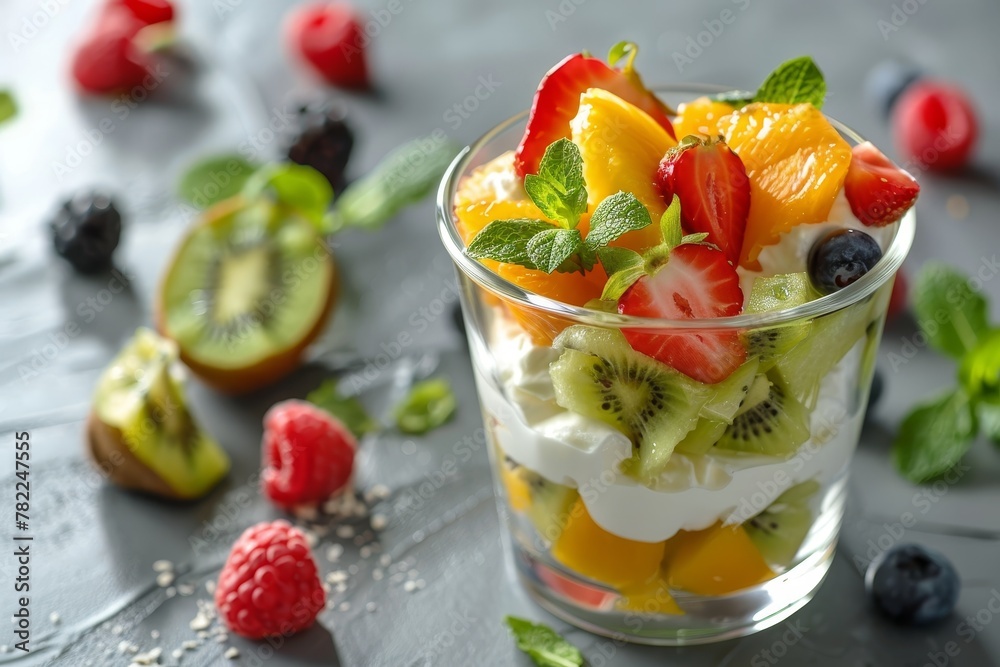Yogurt fruit salad on white table Yogurt fruit salad on white table