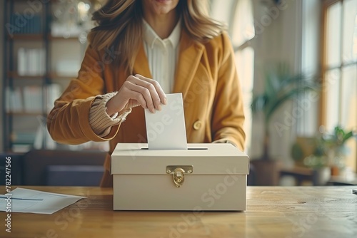 A woman is placing a ballot in a ballot box with her finger photo