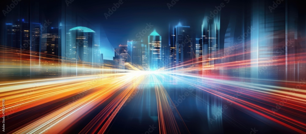 City night scene with glowing trails and urban structures