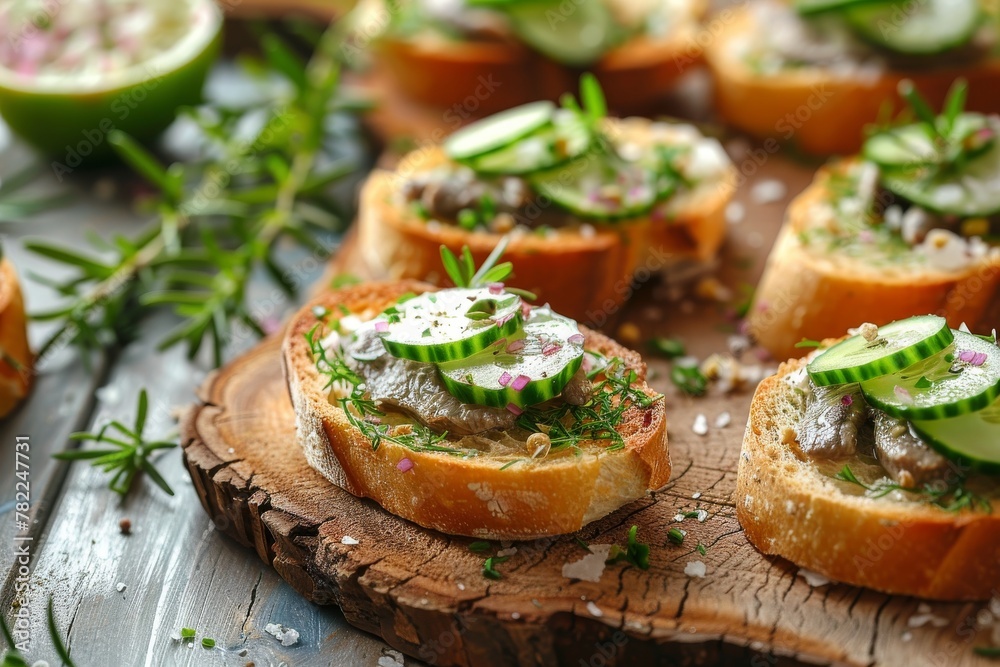 Savory canapés topped with cucumber and a sprinkle of dill, presented on a wooden board for an elegant appetizer option. Savory canapés topped with cucumber and a sprinkle of dill, presented on a wooden board for an elegant appetizer option.