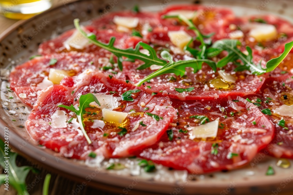  Premium beef carpaccio plated with parmesan shavings and arugula, seasoned with ground pepper and olive oil.