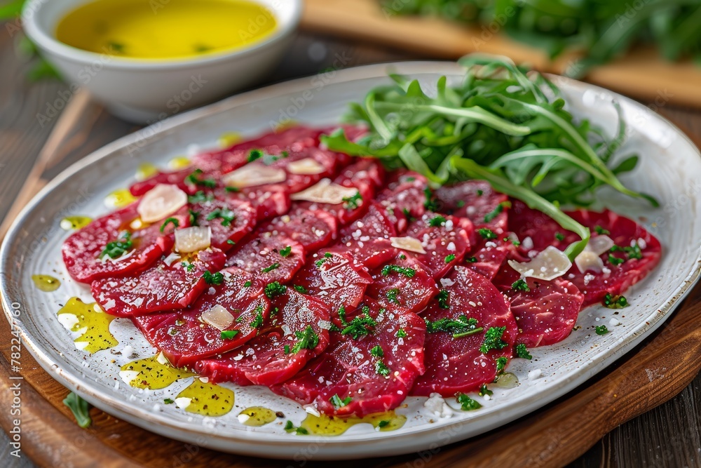 Sliced beef carpaccio topped with parmesan, arugula, and a drizzle of olive oil, presented on a white plate. Sliced beef carpaccio topped with parmesan, arugula, and a drizzle of olive oil, presented on a white plate.