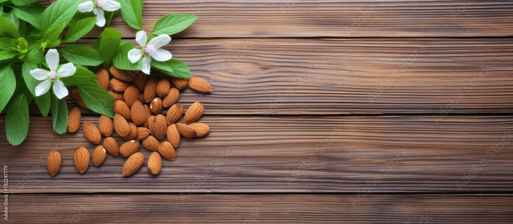Almonds and blossoms on rustic table Almonds and blossoms on rustic table