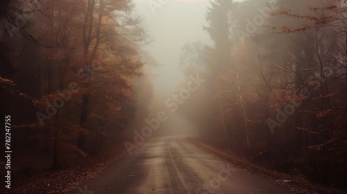 road in the foggy forest 