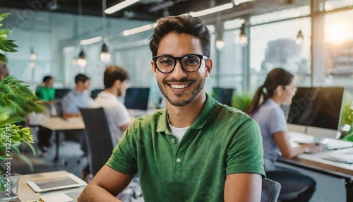 Cheerful man with glasses and a green t-shirt is smiling at the camera, seated in a modern office with co-workers and computers in the background photo