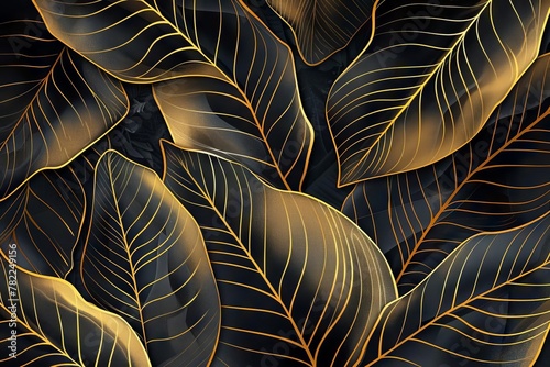 intricate tropical leaf wallpaper luxurious golden banana line art on elegant black background
