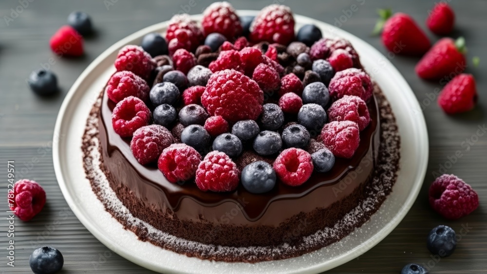 Deliciously decadent chocolate cake with a vibrant raspberry and blueberry topping Deliciously decadent chocolate cake with a vibrant raspberry and blueberry topping