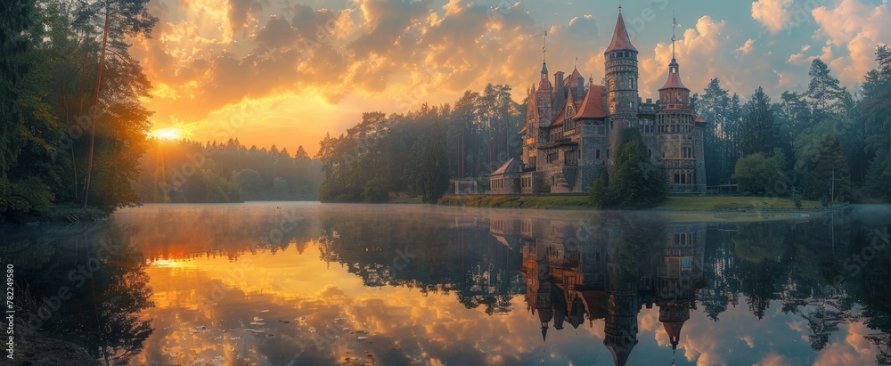 A grand castle with multiple spires, nestled by a serene lake, surrounded by lush forests under a golden sunset sky. - obrazy, fototapety, plakaty 