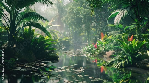 A lush jungle environment in a video game, featuring exotic flora and fauna,