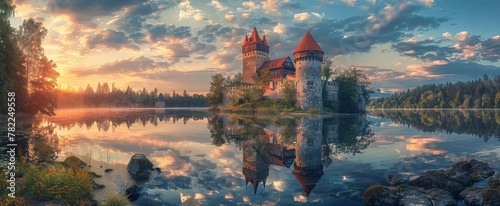 A majestic castle with red roofs and stone walls, reflected in a tranquil lake, surrounded by lush forests under a golden sunset sky.