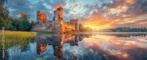 Ancient castle ruins beside a tranquil lake under a vibrant sunset sky. Beautiful natural wallpaper. photo