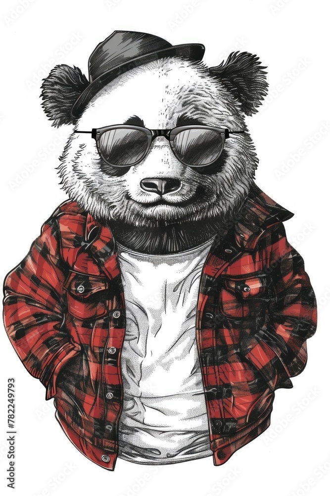 An illustration depicting a hipster panda with a stylish hat and a classic red plaid jacket
