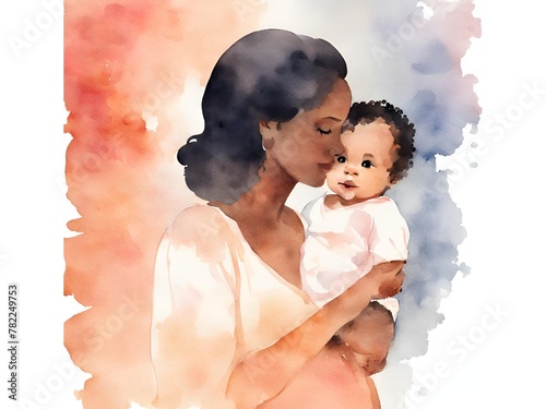 African American woman with black hair and dark brown skin holding her young infant baby watercolor painting style illustration