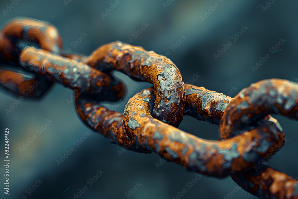 A chain link is shown in a close up. The chain is rusted and has a worn appearance. Concept of decay and abandonment. Generative AI A chain link is shown in a close up. The chain is rusted and has a worn appearance. Concept of decay and abandonment. Generative AI