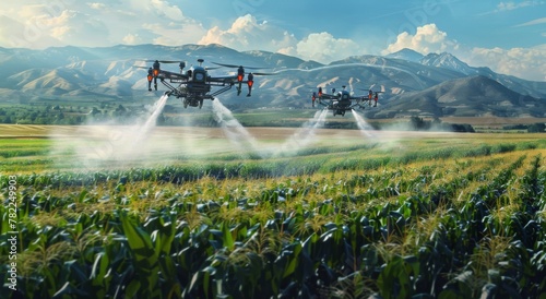 Two drones water plants in a field with mountains in the background