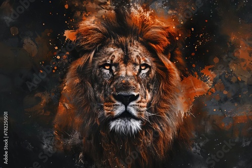 majestic lion portrait with ethereal watercolor strokes on dramatic black background