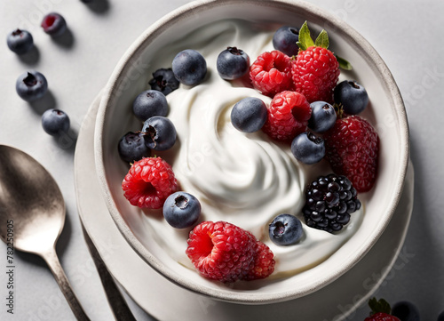 A creamy yogurt topped with a vibrant assortment of fresh berries.
