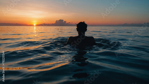 A silhouette of a person swimming in the ocean at sunset. Beautiful chillwave lovely photography illustration concept. Warm orange sun  calm sea waves and water reflections.