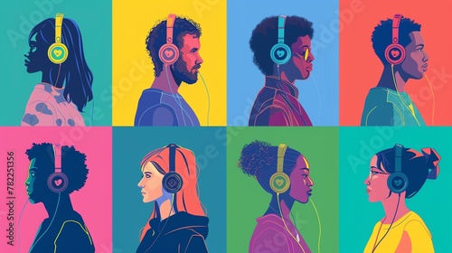 A diverse group of people wearing headphones and listening to music. The people are of different races, ethnicities, and ages.