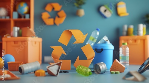 Interactive 3D render of the recycle logo surrounded by animated icons of recyclable materials,highlighting the diversity of recycling processes and