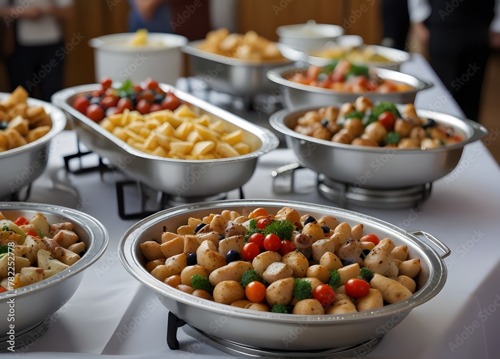 Catering buffet food with heated trays ready for service

