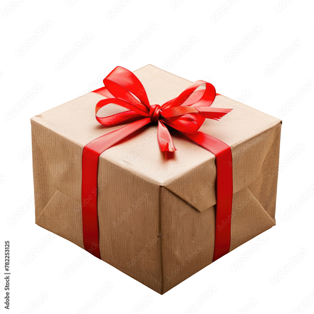 Obraz premium Close-up of brown gift box with red ribbon