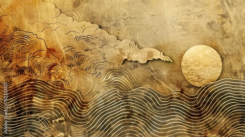 Abstract background in retro Japanese engraving style, stylized oriental traditional landscape with sunset and sea waves, AI generated photo