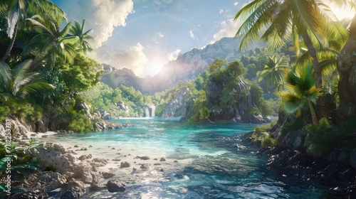 A lush tropical island in a video game  with sandy beaches and exotic wildlife 