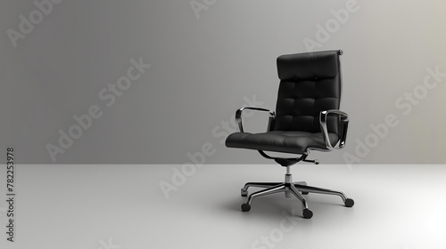 Black leather office chair on white background. The chair is modern and stylish, with a high back and comfortable armrests.