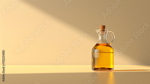 A beautiful shot of a clear glass bottle of cooking oil sitting on a solid surface with a cork stopper. photo