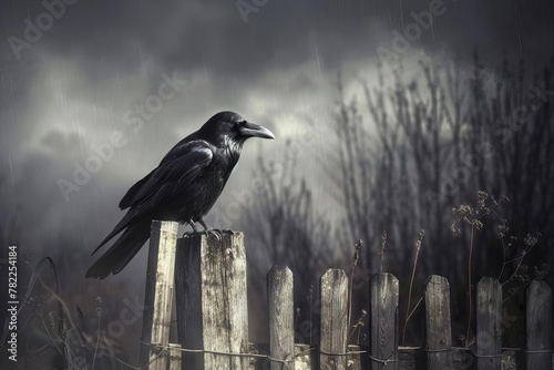 ominous raven perched on old wooden fence mysterious dark atmosphere realistic digital painting