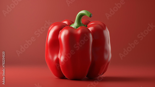 A glossy red bell pepper isolated on a red background. The pepper is slightly angled to the right. The pepper is smooth and unblemished.