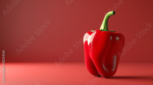 A glossy red bell pepper sits on a red surface against a red background. The pepper is smooth and unblemished, with a slight sheen.