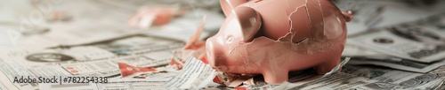 A somber image of a broken piggy bank on top of financial newspapers with headlines about market crashes, representing economic downturn