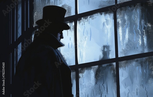 A suspenseful illustration of Holmes' silhouette through a frosted window, investigating a shadowy figure outside