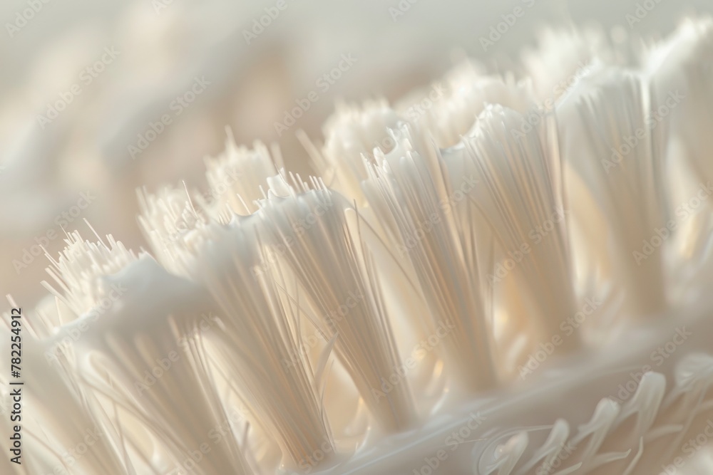 Close-up of white toothbrush bristles, focusing on texture details, soft lighting, clear and detailed view of individual bristles - obrazy, fototapety, plakaty 