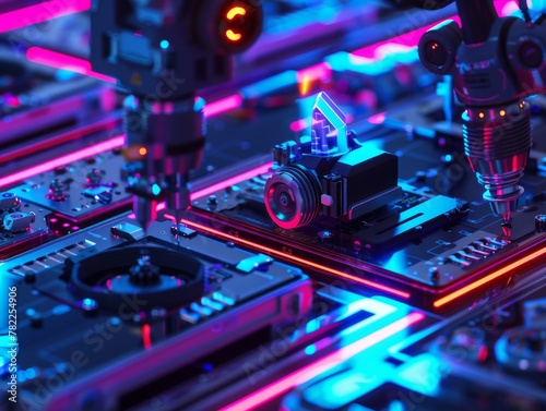 Close-up of a futuristic drone assembly process with high precision tools and robotic arms, in a neon-lit, ultra-modern manufacturing environment