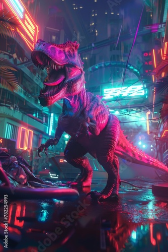 Cyberpunk dinosaur with neon highlights posing in a futuristic fight club arena
