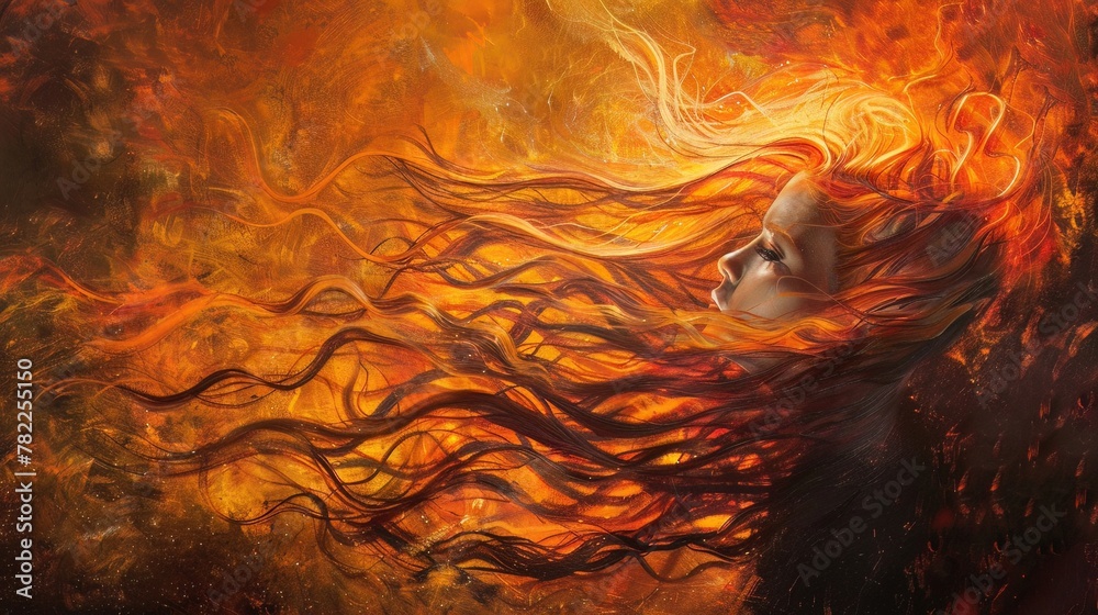 Fiery portrait of a woman embodying power and passion, her hair ablaze - obrazy, fototapety, plakaty 