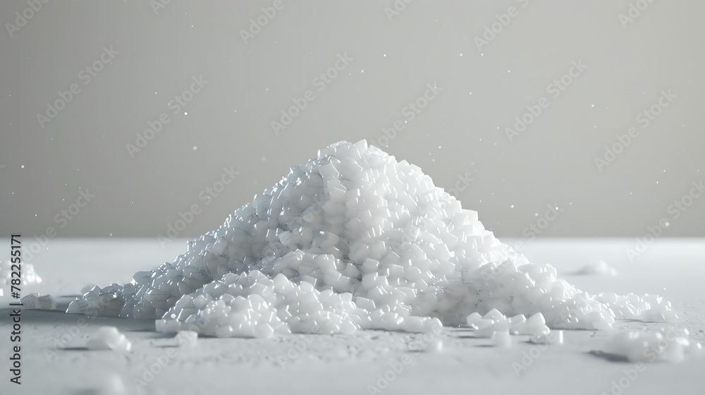 White crystals. 3D rendering of a pile of white crystals on a white background.