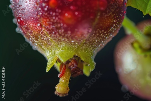 Dewdrop-bejeweled currants in an ethereal gradient from vivid red to translucent green