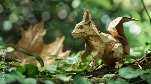 In a realistic city park, an origami squirrel scurries around, its paper form capturing the essence of urban wildlife amidst the greenery