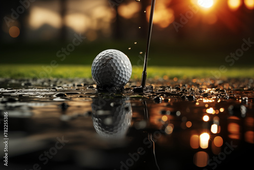 Golf ball and golf club on a golf course in the evening