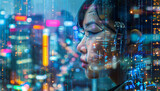 A woman's face is shown in a cityscape with a futuristic look by AI generated image