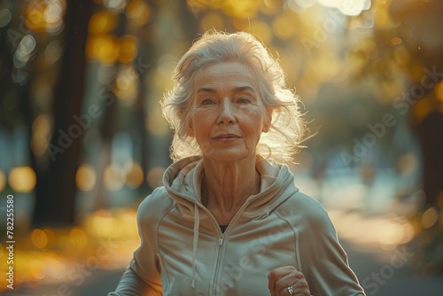 Elderly woman with electric blue hair runs in park, smiling and having fun
