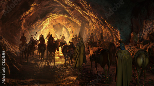 Ali Baba and the forty thieves enter the cave where their treasure is hidden, AI generated