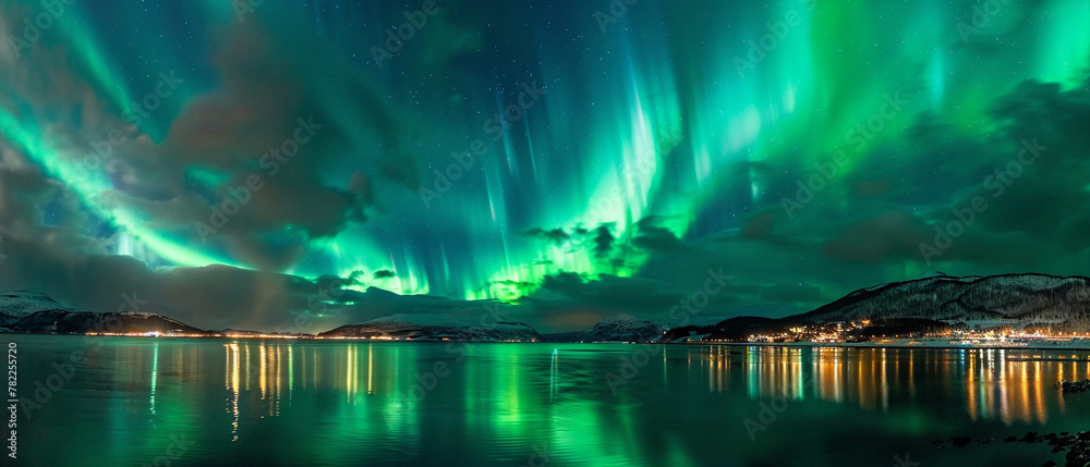 Purple and green northern lights illuminate the night sky in a mesmerizing dance of colors.