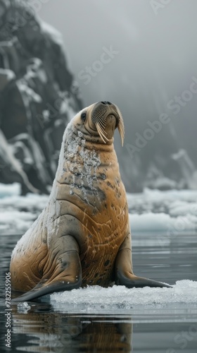 Young walrus on an ice floe, arctic seascape with copy space, perfect for climate impact stories photo