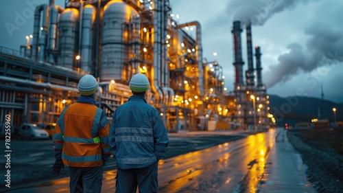 A man in safety vest stands in front of a large industrial plant